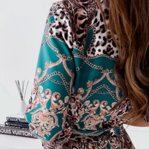 Women's Printed V-Neck Long Sleeve A-Line Dress