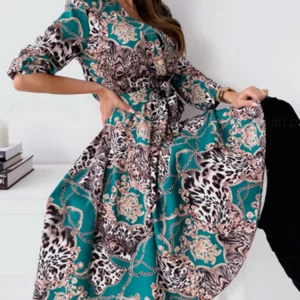 Women's Printed V-Neck Long Sleeve A-Line Dress