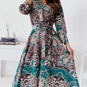 Women's Printed V-Neck Long Sleeve A-Line Dress