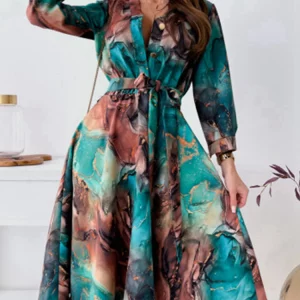 Women's Printed V-Neck Long Sleeve A-Line Dress