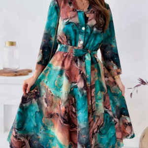 Women's Printed V-Neck Long Sleeve A-Line Dress