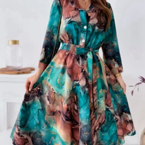 Women's Printed V-Neck Long Sleeve A-Line Dress