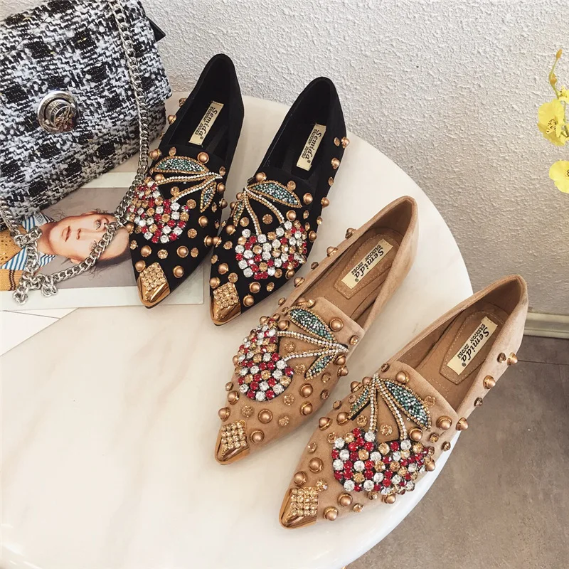 Women's Rhinestone Pointed Toe Flats with Rivets - Classic Autumn Loafers