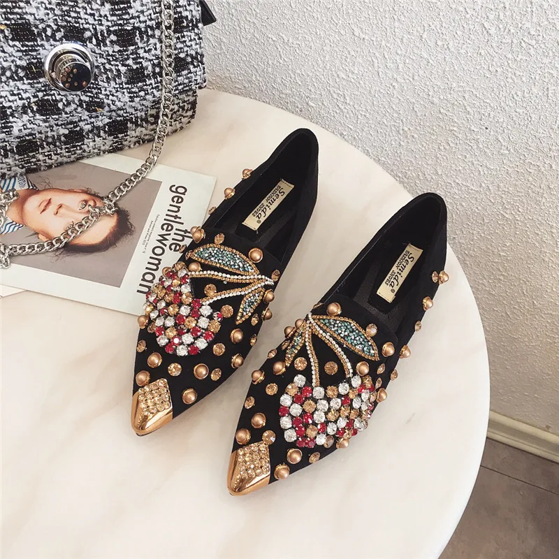 Women's Rhinestone Pointed Toe Flats with Rivets - Classic Autumn Loafers