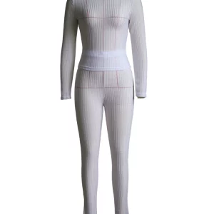 Women's Ribbed Knitted Crop Top & Legging Set - Casual O Neck Matching Suit