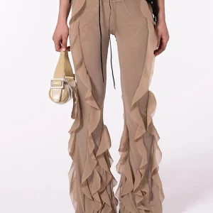 Women's Ruffled Flare Bell-Bottom Pants | Low Rise Stretch Trousers