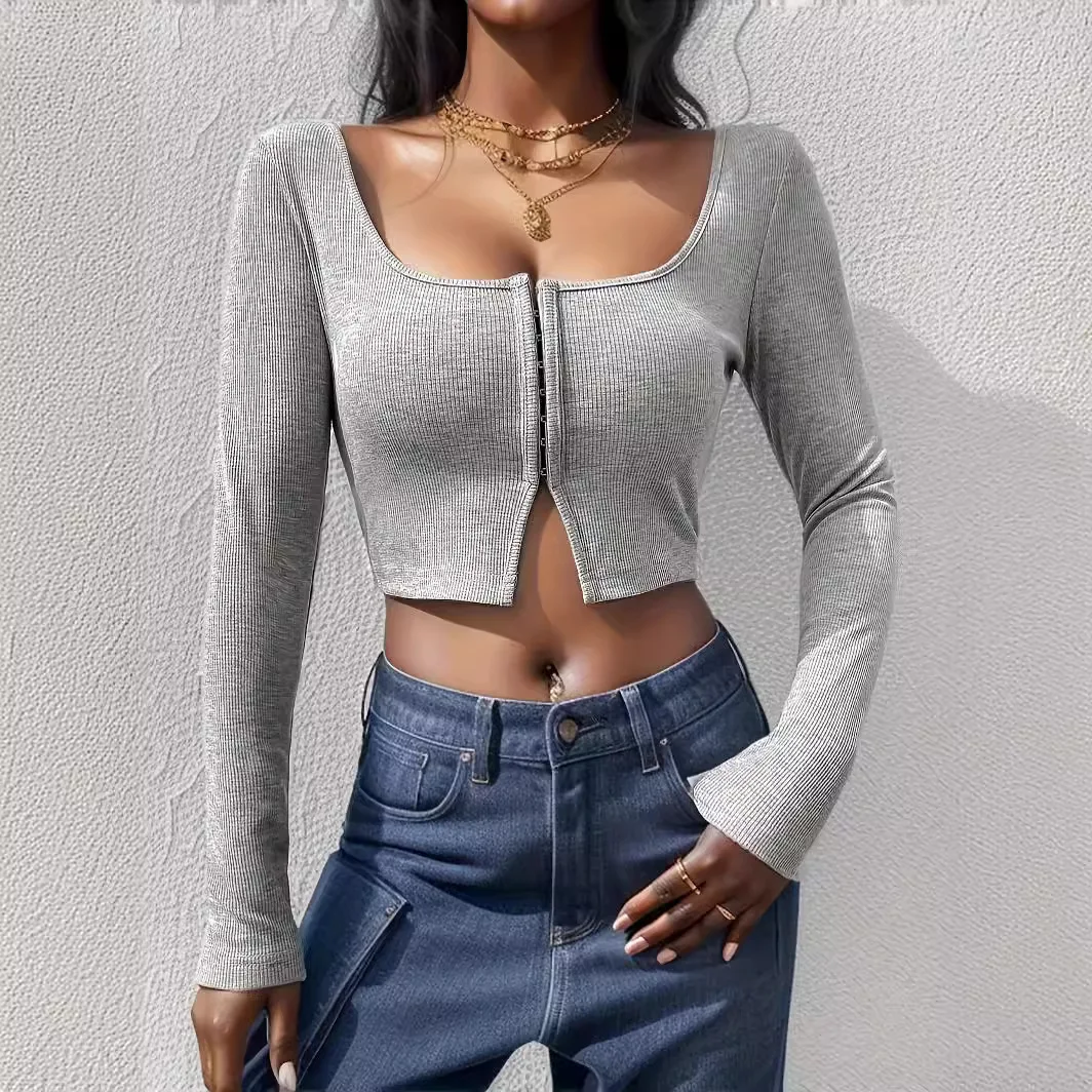 Women's Sexy Crop Top T-shirts | Long Sleeve Square Collar Tees | Chic Hip Hop Patchwork Joggers