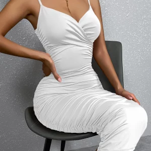 Women's Sexy Maxi Dress with Spaghetti Straps, Ruched Detail, Backless Design - Perfect for Night