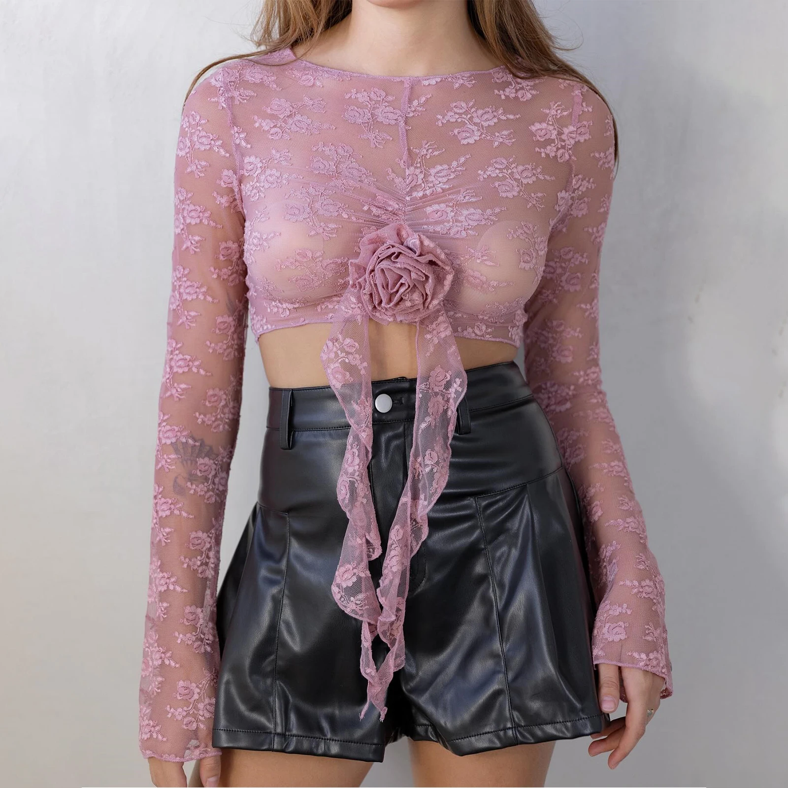 Women's Sheer Lace Crop Top with 3D Rose Embroidery - Long Sleeve Party Club Shirt