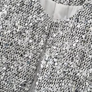 Women's Silver Sequin Short Jacket with Pockets, Elegant Round Neck Cardigan - Chic Autumn Coat