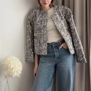 Women's Silver Sequin Short Jacket with Pockets, Elegant Round Neck Cardigan - Chic Autumn Coat