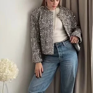 Women's Silver Sequin Short Jacket with Pockets, Elegant Round Neck Cardigan - Chic Autumn Coat