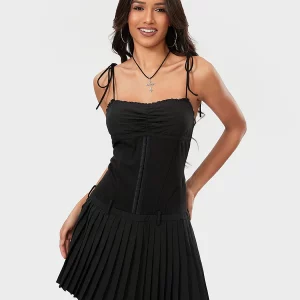 Women's Sleeveless Spaghetti Strap Short Dress - Summer Pleated Low Waist Fitted