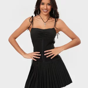 Women's Sleeveless Spaghetti Strap Short Dress - Summer Pleated Low Waist Fitted