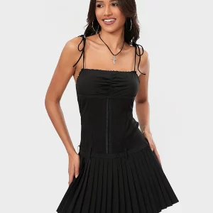 Women's Sleeveless Spaghetti Strap Short Dress - Summer Pleated Low Waist Fitted