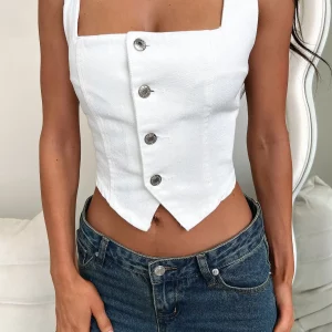 Women's Slim Fit Denim Tank Top with Square Neck - Sleeveless Button Down Crop