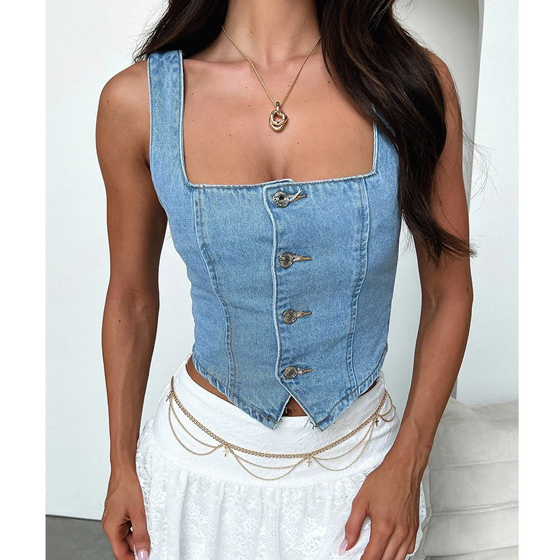 Women's Slim Fit Denim Tank Top with Square Neck and Back Shirred Detail