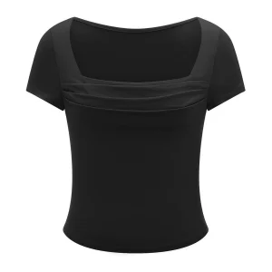 Women's Solid Color Cropped Short Sleeve Square Neck T-Shirt