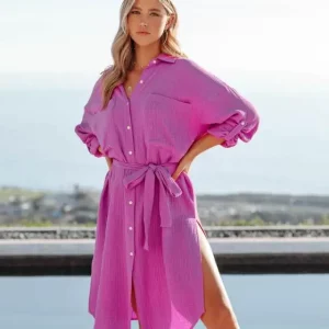 Women's Solid Color Long Sleeve Shirt Dress - Sun Protection Clothing