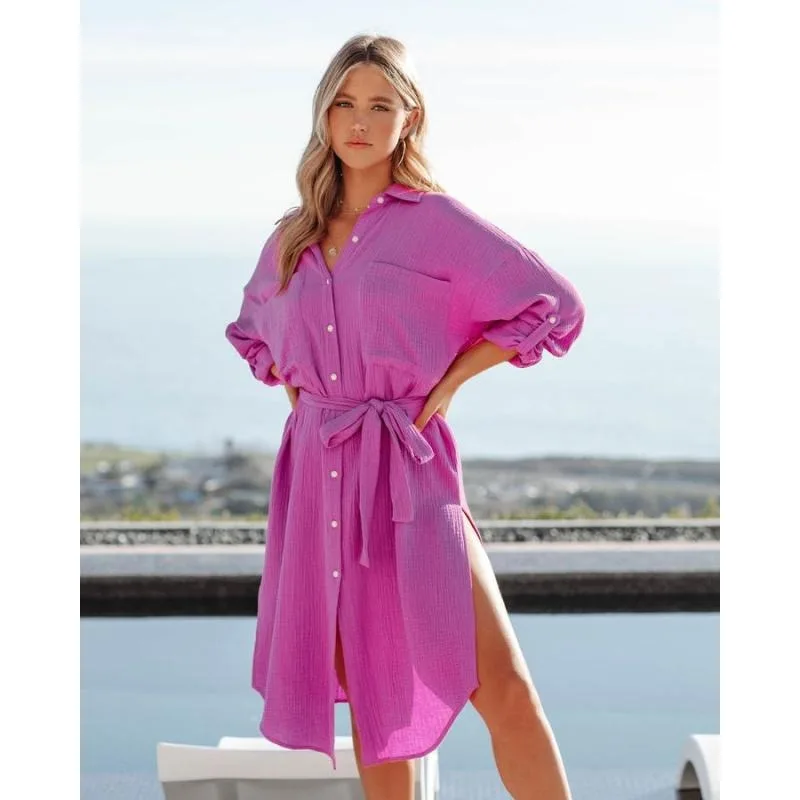 Women's Solid Color Long Sleeve Shirt Dress - Sun Protection Clothing