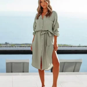 Women's Solid Color Long Sleeve Shirt Dress - Sun Protection Clothing