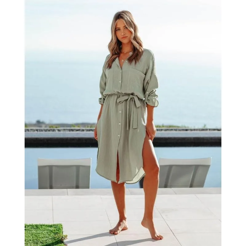 Women's Solid Color Long Sleeve Shirt Dress - Sun Protection Clothing