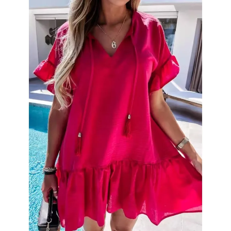 Women's Solid Color V-neck Ruffled Short Sleeve Dress Set