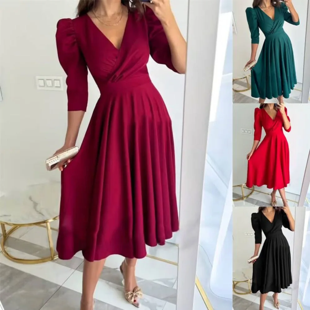 Women's Solid Color V-Neck Waist Dress for Summer