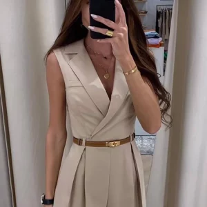 Women's Solid V-Neck Mini Jumpsuit 2024 | Sleeveless High Waist Office Outfit | Elegant Street