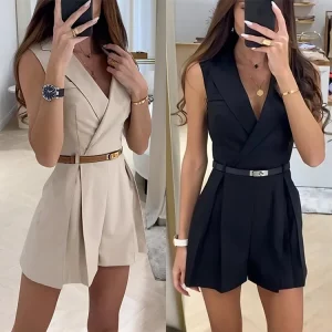 Women's Solid V-Neck Mini Jumpsuit 2024 | Sleeveless High Waist Office Outfit | Elegant Street