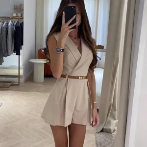 Women's Solid V-Neck Mini Jumpsuit 2024 | Sleeveless High Waist Office Outfit | Elegant Street