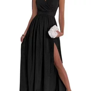 Women's Sparkling Sleeveless Oblique Shoulder Long Dress