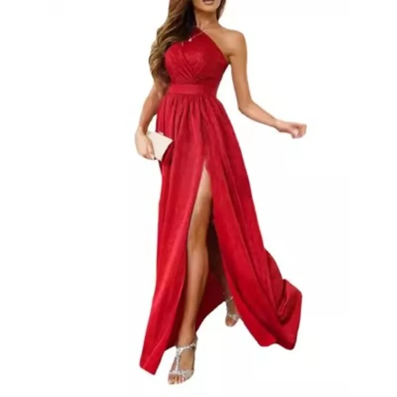 Women's Sparkling Sleeveless Oblique Shoulder Long Dress