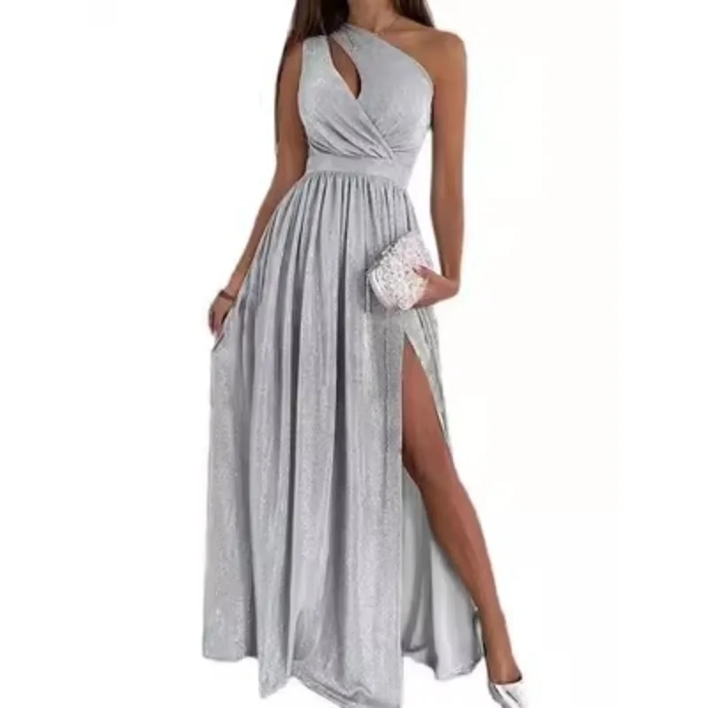 Women's Sparkling Sleeveless Oblique Shoulder Long Dress