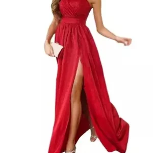 Women's Sparkling Sleeveless Oblique Shoulder Long Dress