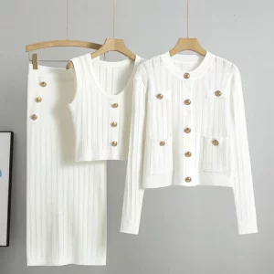 Women's Spring 3-Piece Rib Knit Sweater Set: Long Sleeve Jacket, Crop Top, Maxi Bodycon