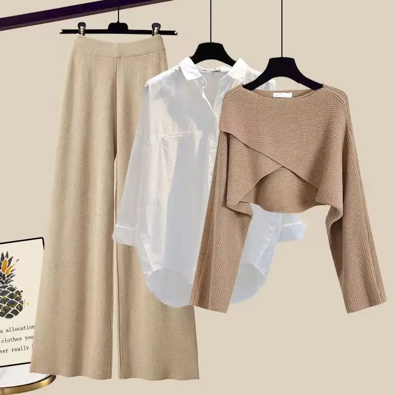 Women's Spring Autumn 3-Piece Set: Loose Shirt, Solid Sweater & Wide Leg Pants