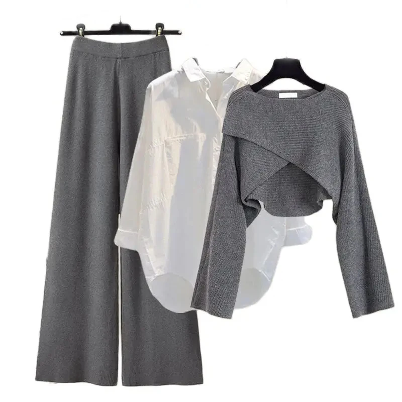 Women's Spring Autumn 3-Piece Set: Loose Shirt, Solid Sweater & Wide Leg Pants