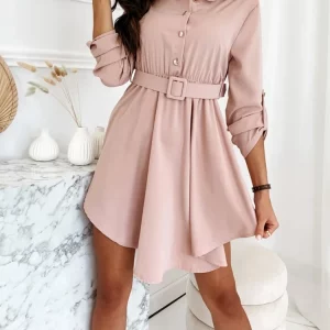 Women's Spring Polo Neck Shirt Dress - High Waist Solid Color Temperament Commuter Dress