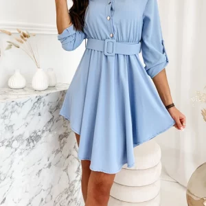 Women's Spring Polo Neck Shirt Dress - High Waist Solid Color Temperament Commuter Dress