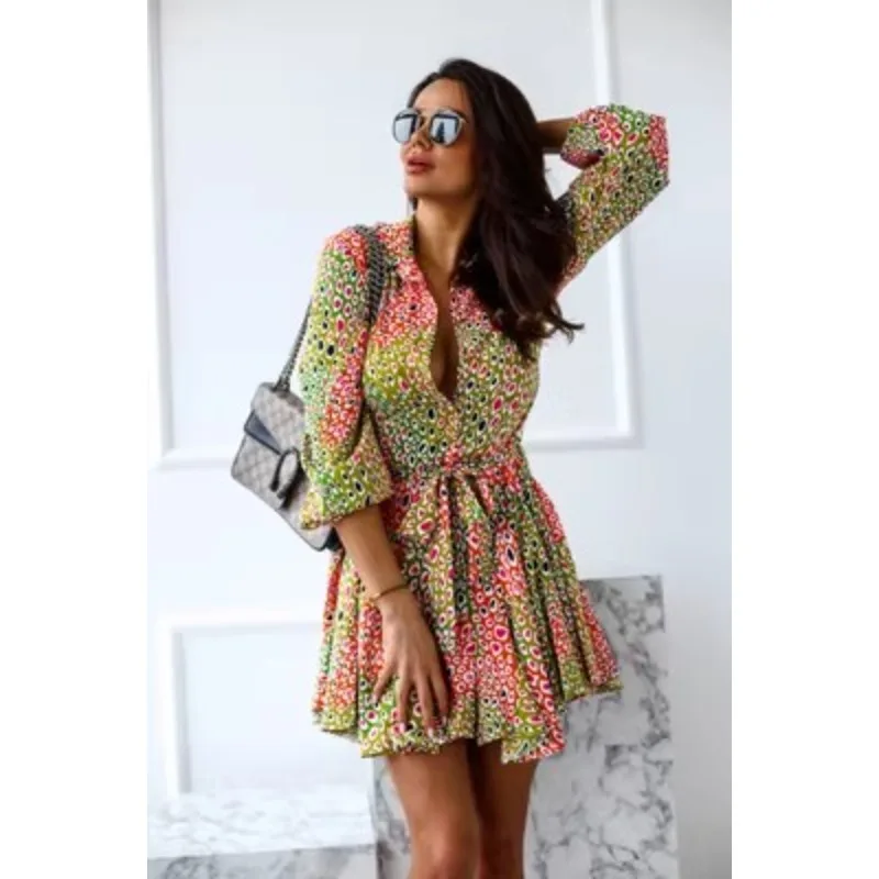 Women's Spring Printed Waist Shirt Dress - Casual A-line