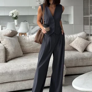 Women's Spring V-Neck Sleeveless Vest with Wide Leg Pants Set