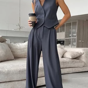 Women's Spring V-Neck Sleeveless Vest with Wide Leg Pants Set