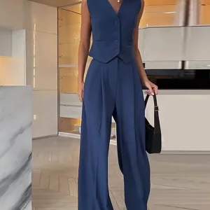 Women's Spring V-Neck Sleeveless Vest with Wide Leg Pants Set