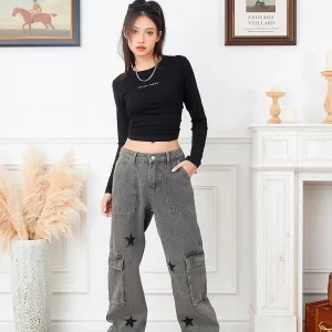 Women's Star Print Denim Pants with Big Pockets - Casual Street Style Trousers for Fall and Spring