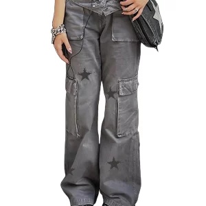 Women's Star Print Denim Pants with Big Pockets - Casual Street Style Trousers for Fall and Spring