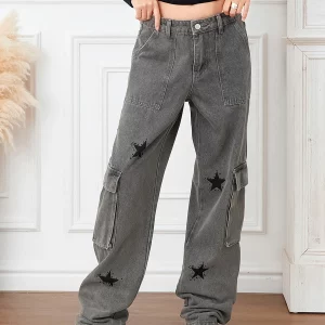 Women's Star Print Denim Pants with Big Pockets - Casual Street Style Trousers for Fall and Spring