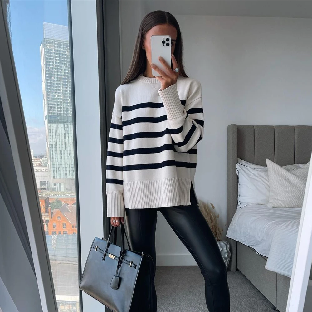 Women's Striped Knit Pullover Sweater - Cozy Loose Fit for Autumn & Winter