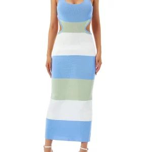 Women's Striped U-Neck Knitted Dress with Hollow Waist and Backless Design