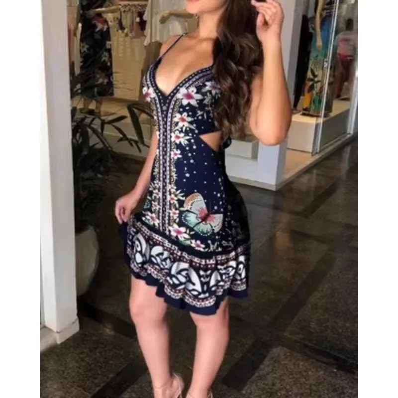 Women's Summer Fashion Halter Dress with Hollow Print